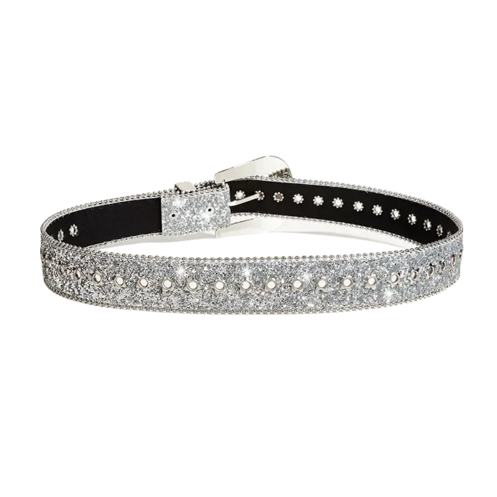 Silver Rhinestone Glitter Belt – Grommet Strap with Ball Chain Edges & Rhinestone Western Buckle Set | 1.5 Inch Wide