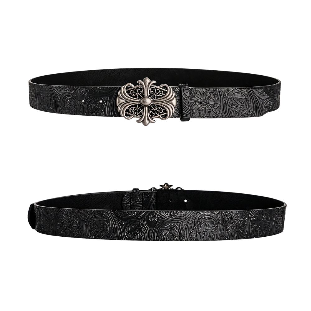 Black Floral Embossed Belt with Fleur-de-Lis Cross Buckle – Antique Silver Filigree Plaque & Tooled-Look Strap