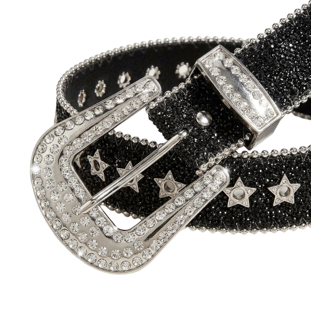 Black and Silver Rhinestone Glitter Belt – Grommet Strap with Ball Chain Edges & Rhinestone Western Buckle Set | 1.5 Inch Wide