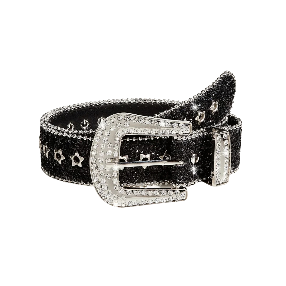 Black and Silver Rhinestone Glitter Belt – Grommet Strap with Ball Chain Edges & Rhinestone Western Buckle Set | 1.5 Inch Wide