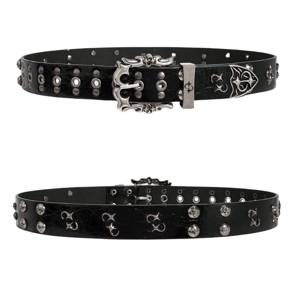 Black Y2K Gothic Star Belt – Crackle-Finish Strap with Ornate Antique Silver Buckle, Star Rivets & Grommets