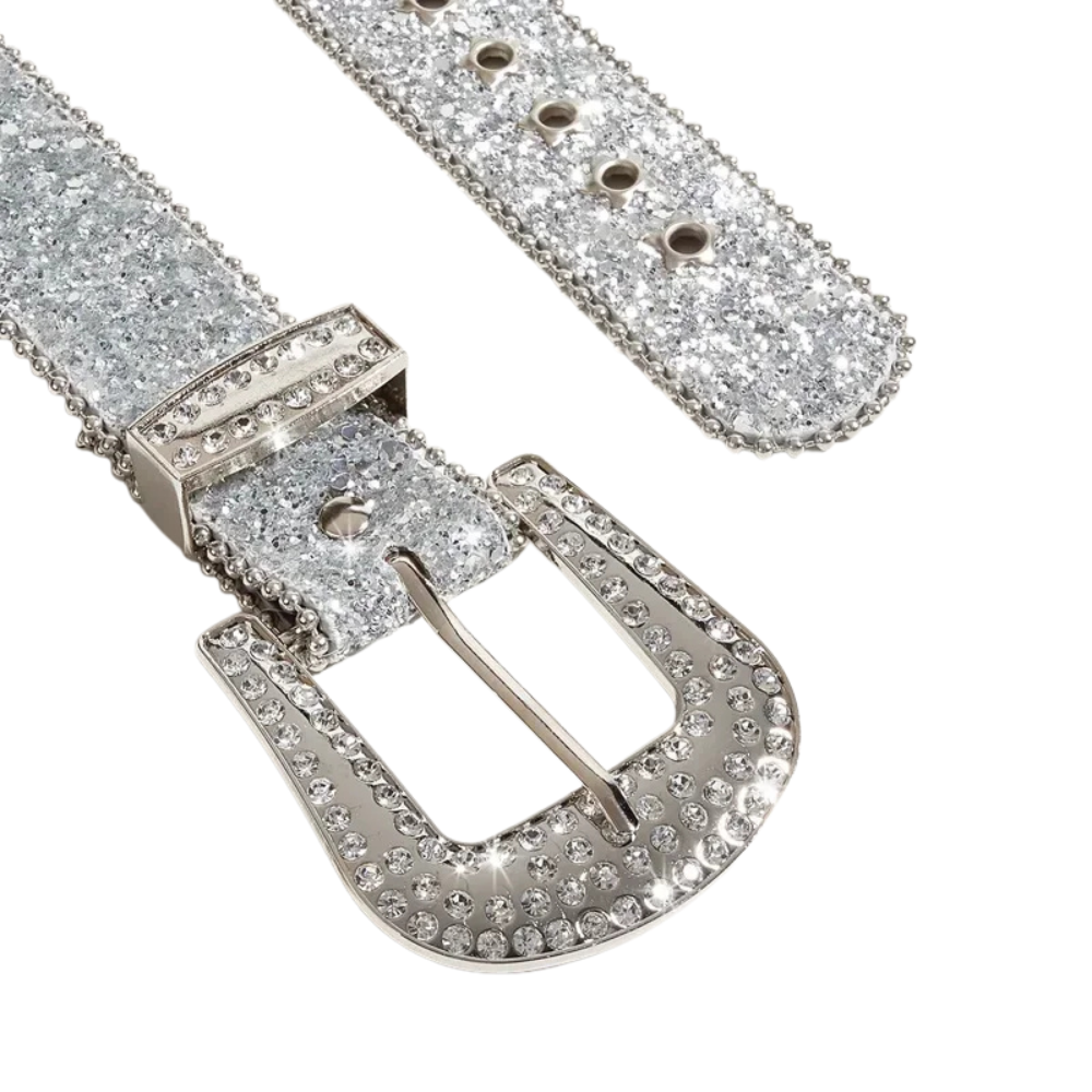 Silver Rhinestone Glitter Belt – Grommet Strap with Ball Chain Edges & Rhinestone Western Buckle Set | 1.5 Inch Wide