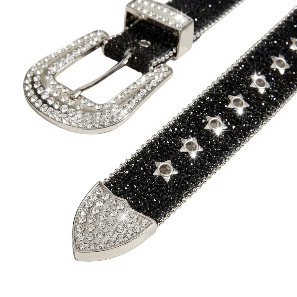 Black and Silver Rhinestone Glitter Belt – Grommet Strap with Ball Chain Edges & Rhinestone Western Buckle Set | 1.5 Inch Wide