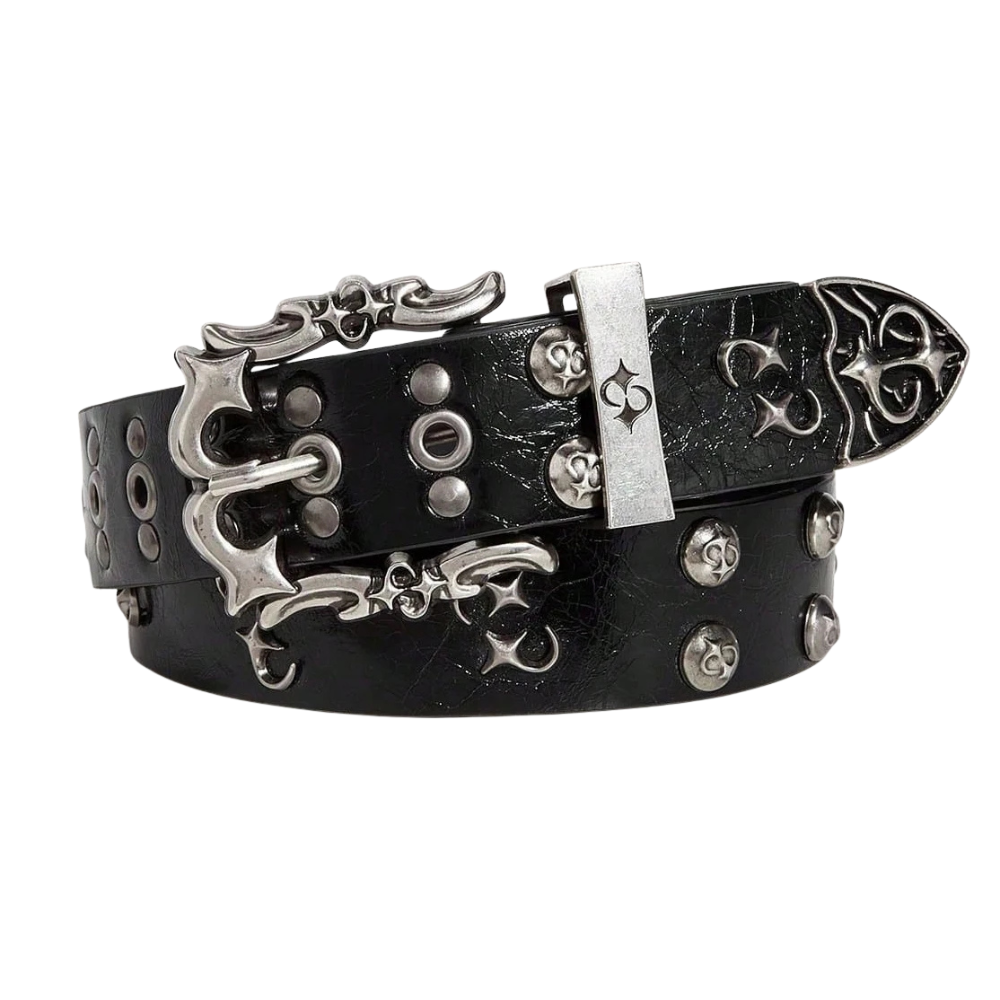 Black Y2K Gothic Star Belt – Crackle-Finish Strap with Ornate Antique Silver Buckle, Star Rivets & Grommets