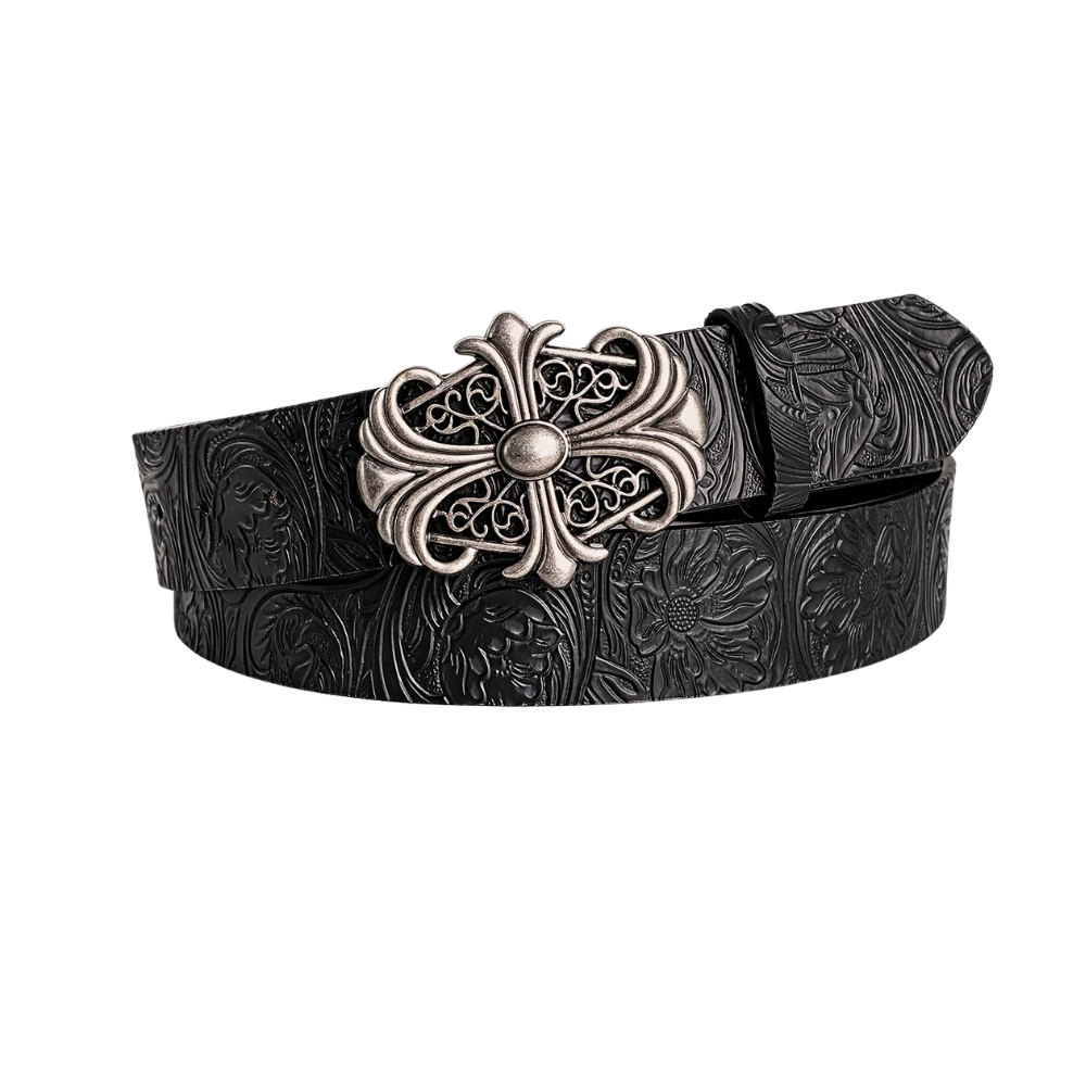 Black Floral Embossed Belt with Fleur-de-Lis Cross Buckle – Antique Silver Filigree Plaque & Tooled-Look Strap