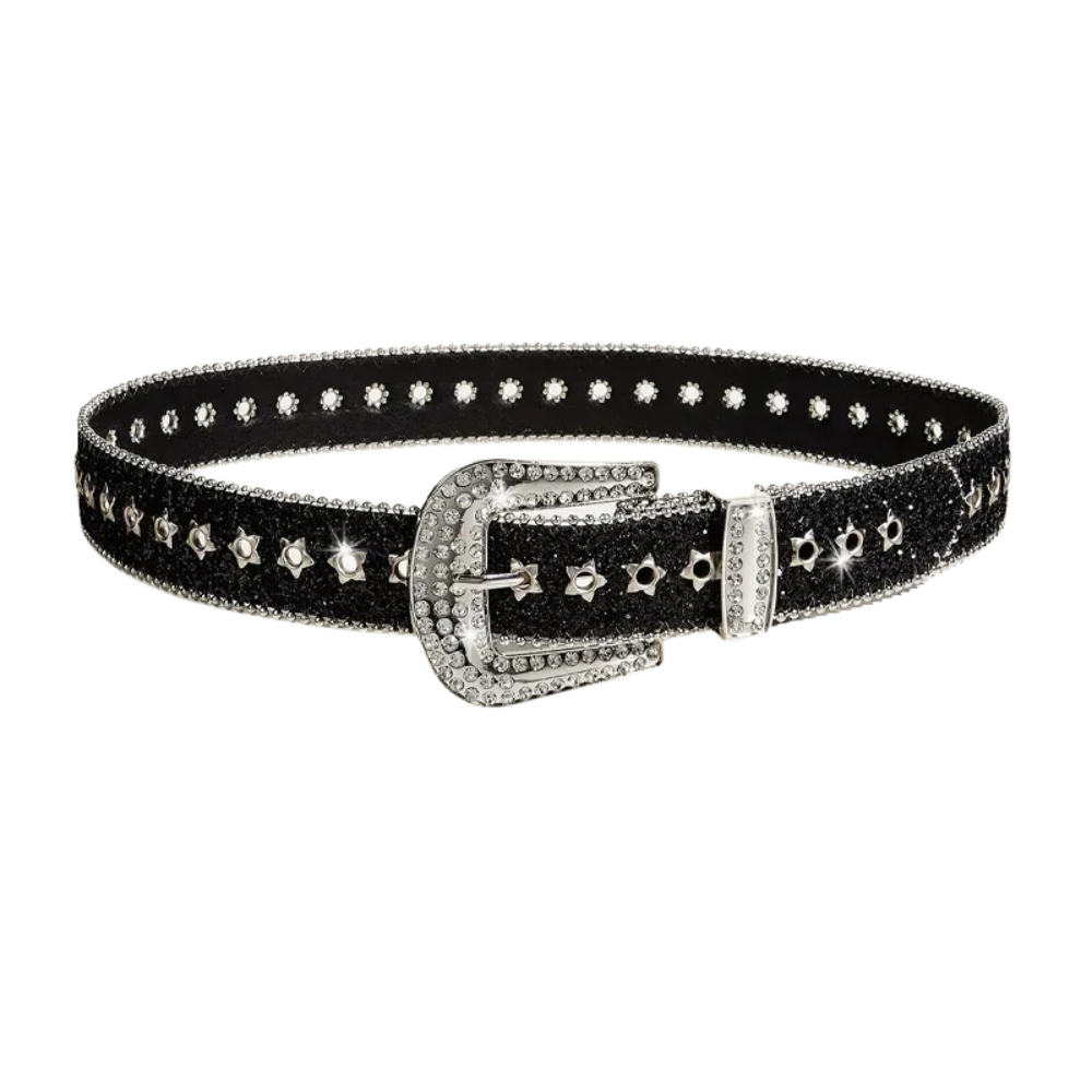 Black and Silver Rhinestone Glitter Belt – Grommet Strap with Ball Chain Edges & Rhinestone Western Buckle Set | 1.5 Inch Wide
