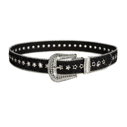 Black and Silver Rhinestone Glitter Belt – Grommet Strap with Ball Chain Edges & Rhinestone Western Buckle Set | 1.5 Inch Wide