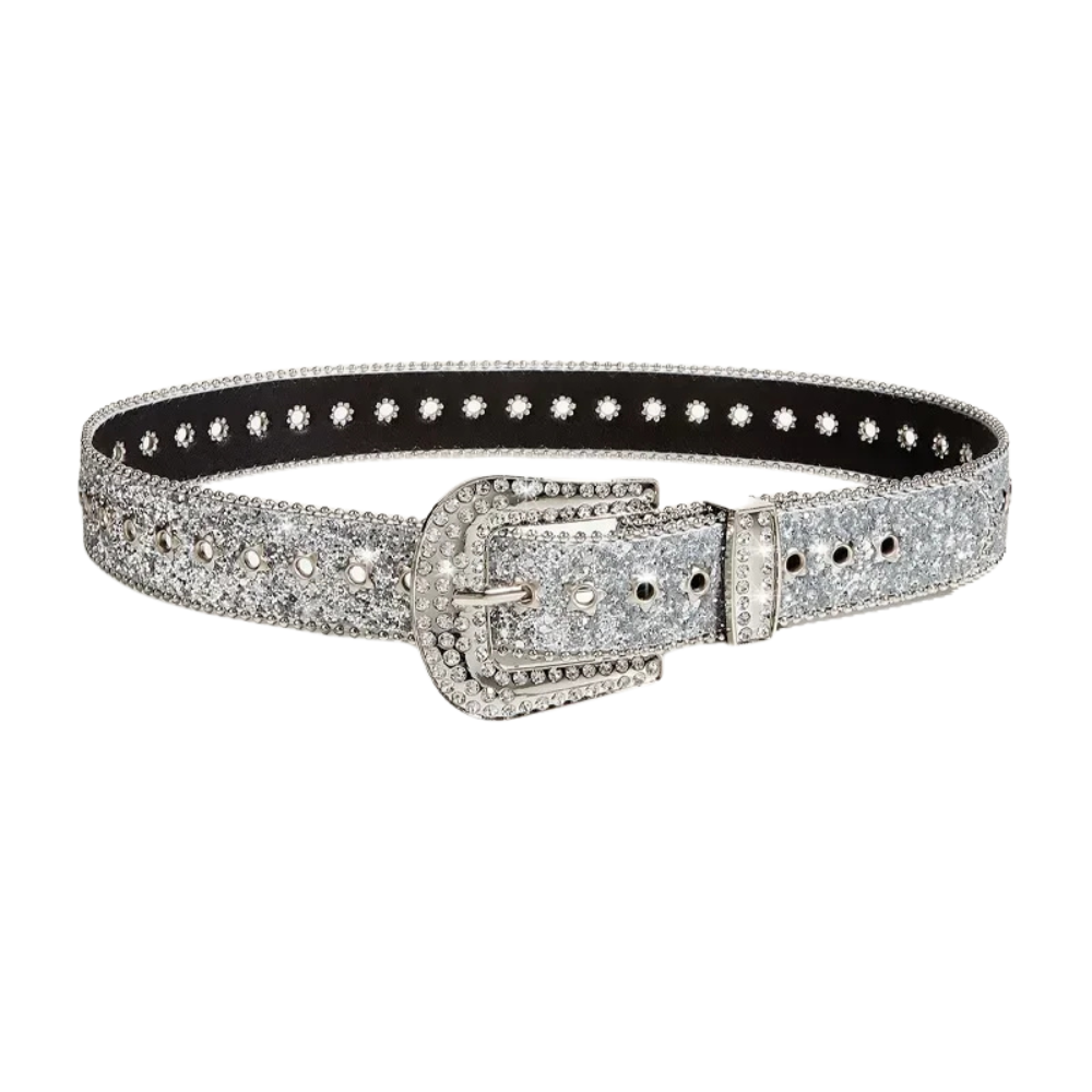 Silver Rhinestone Glitter Belt – Grommet Strap with Ball Chain Edges & Rhinestone Western Buckle Set | 1.5 Inch Wide