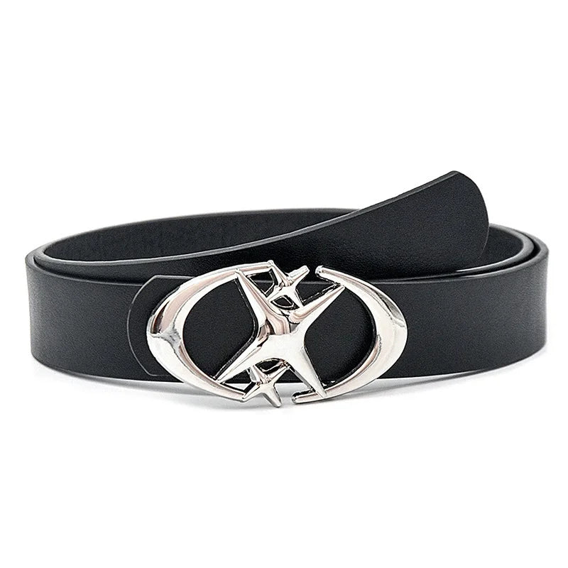 Black Y2K Star Buckle Belt – Polished Silver Oval Plaque with Crossing Four-Point Stars & Smooth Strap
