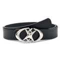 Black Y2K Star Buckle Belt – Polished Silver Oval Plaque with Crossing Four-Point Stars & Smooth Strap