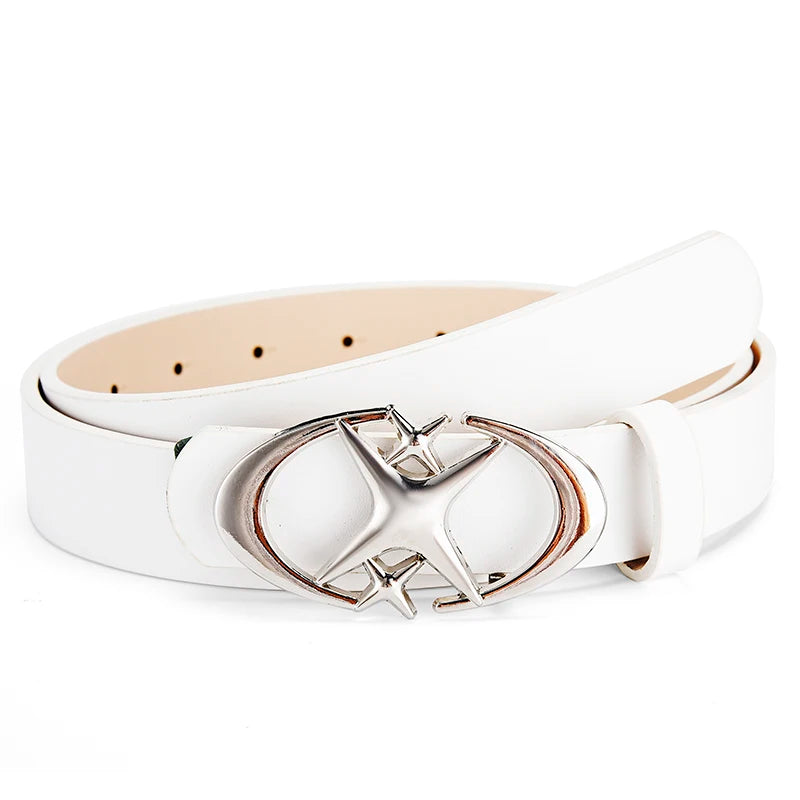 White Y2K Star Buckle Belt – Polished Silver Oval Plaque with Crossing Four-Point Stars & Smooth Strap