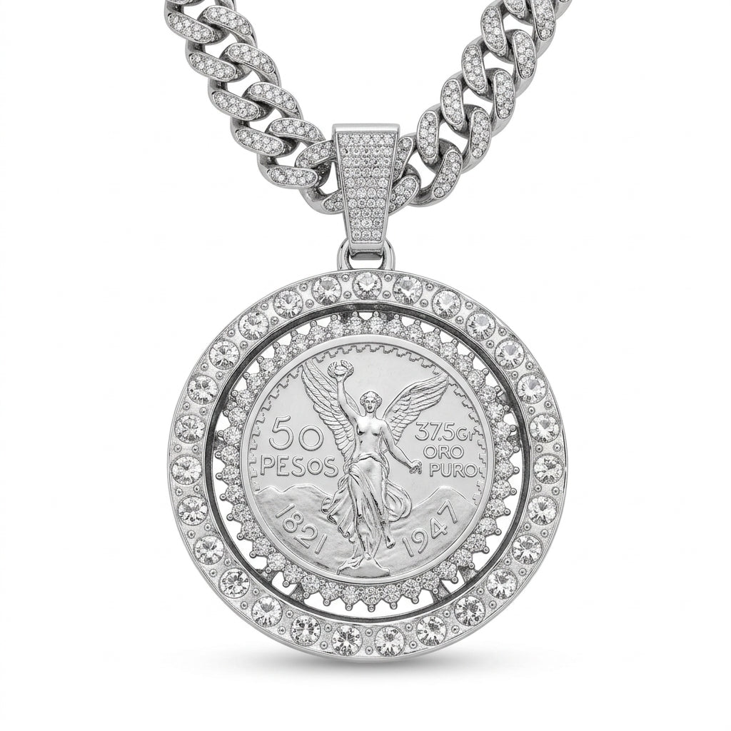Iced Out Centenario 50 Pesos Coin Pendant Necklace on Cuban Link Chain – Replica Coin in Stone-Set Bezel | Gold or Silver
