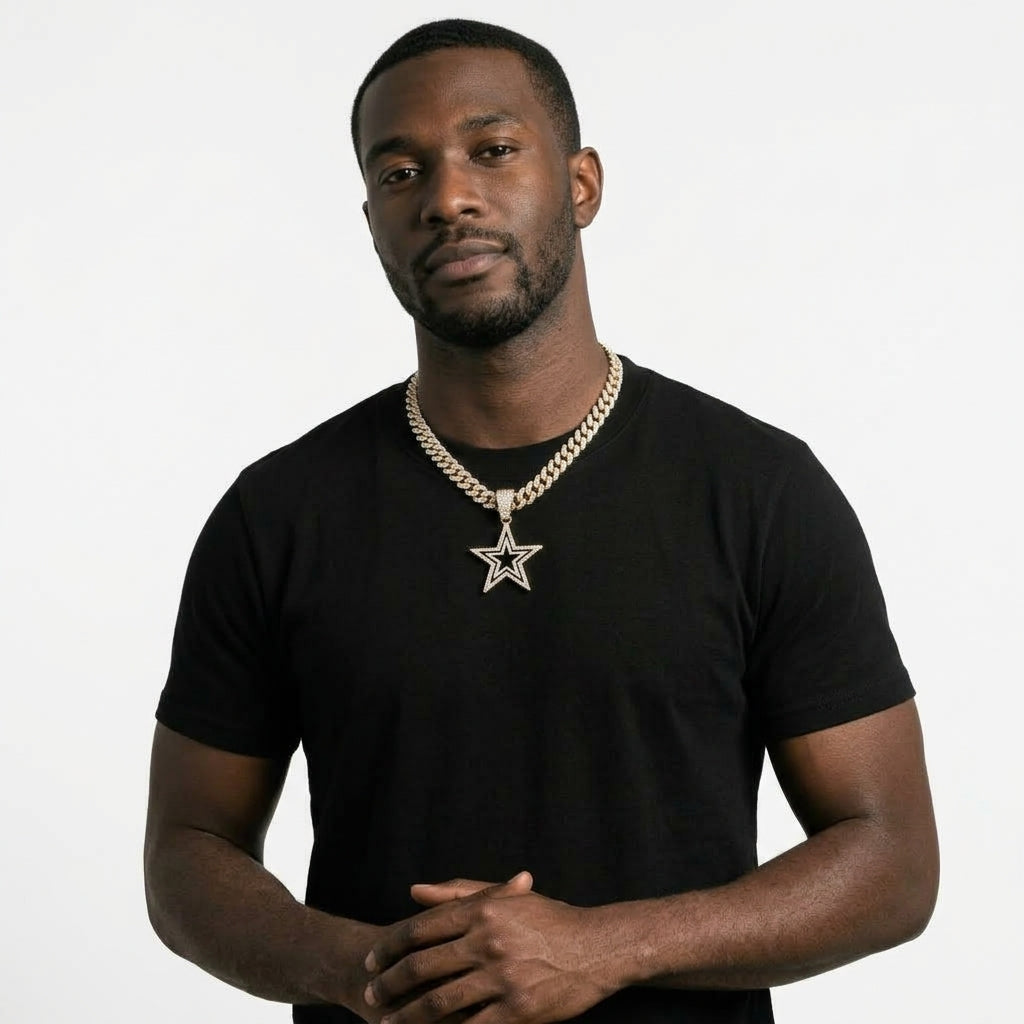 Iced Out Star Pendant Necklace on Cuban Link Chain – Black & White Enamel Star with Stone-Set Border | Silver or Gold