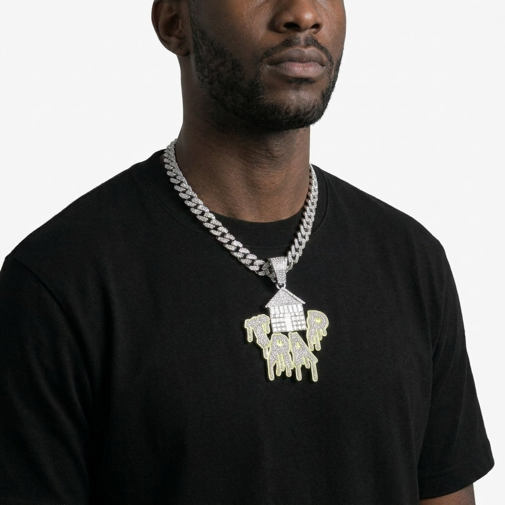 Iced Out Trap House Pendant Necklace on Cuban Link Chain – Baguette-Stone House & Green Drip TRAP Letters | Silver or Gold