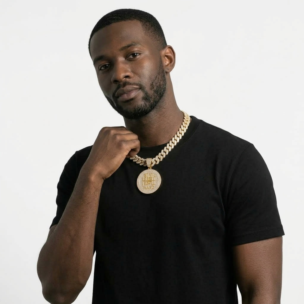 Iced Out Stay Humble Hustle Hard Medallion Pendant on Cuban Link Chain – Round Stone-Set Disc with Polished Lettering | Gold or Silver