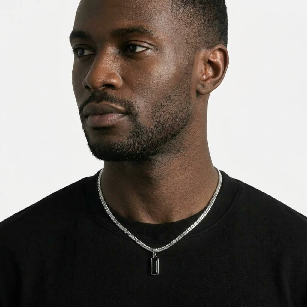 Black Stone Pendant Necklace – Silver Cuban Chain, Faceted Rectangular Design