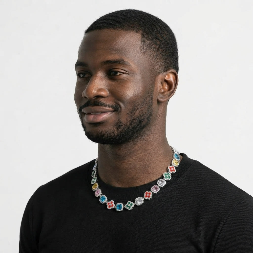 Iced Out Clover Station Link Chain Necklace – Inlaid Clovers Alternating with Halo-Set Colored Stones | Gold or Silver