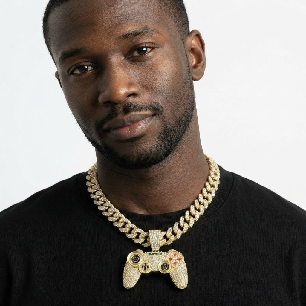 Iced Out Game Controller Pendant Necklace on Cuban Link Chain – Gamepad with Red Buttons & Black Stone Thumbsticks | Gold or Silver