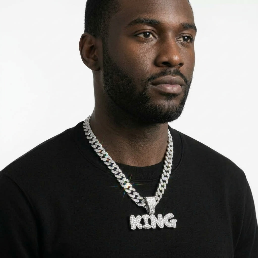 Iced Out KING Pendant Cuban Link Chain – Bubble Letter Necklace with Stone-Set Box Clasp | Silver or Gold
