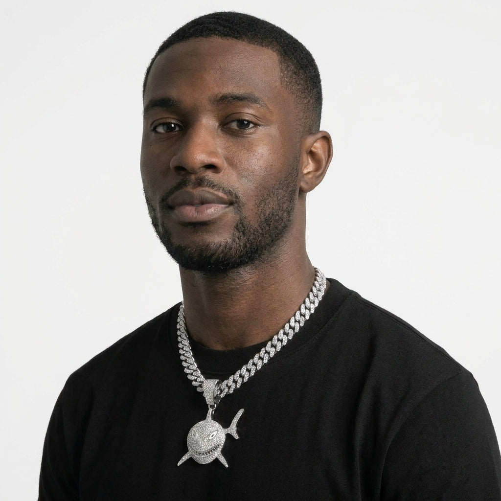 Iced Out Shark Pendant Necklace on Cuban Link Chain – Grinning Shark with Enamel Eyes & Stone-Set Fins | Silver or Gold