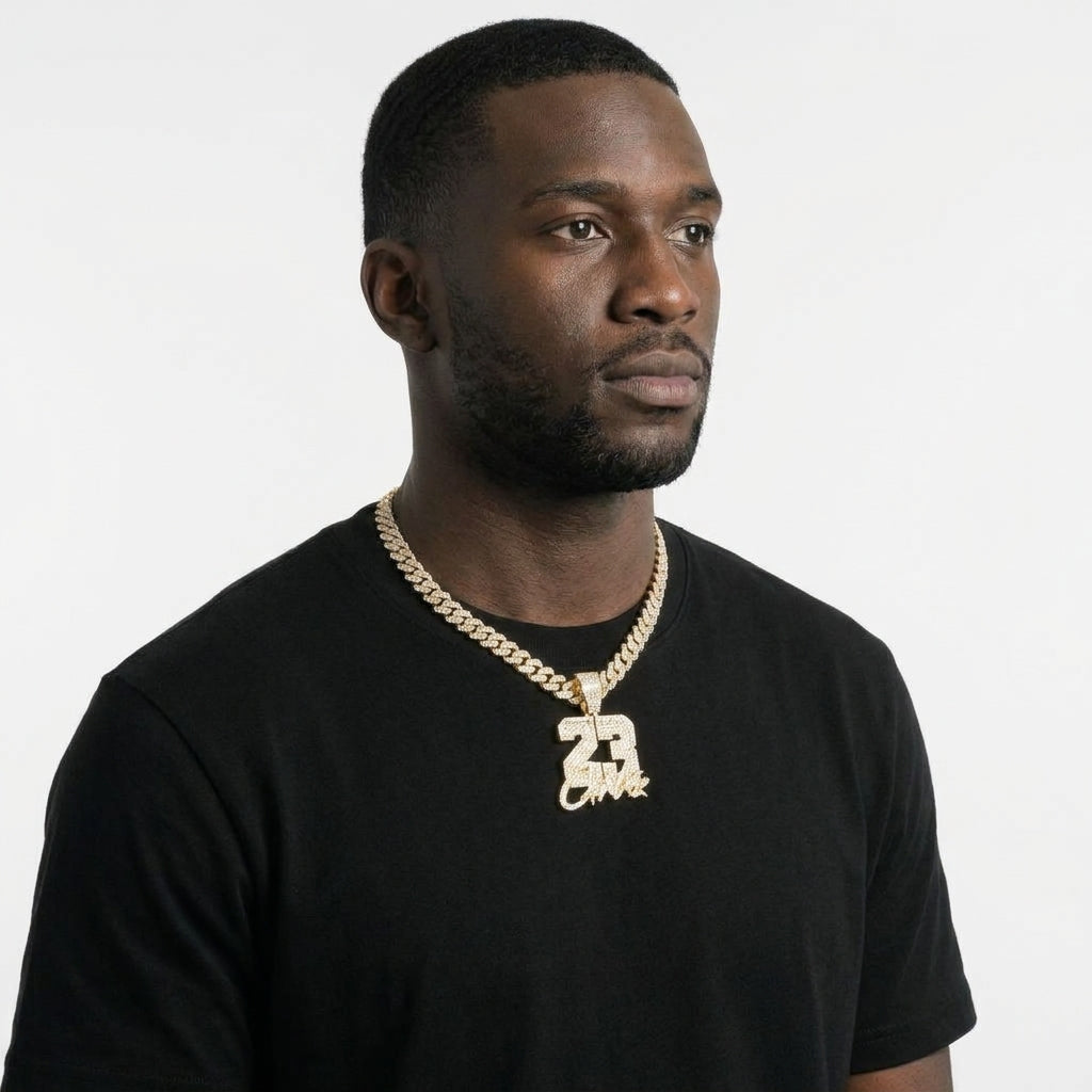 Iced Out Number 23 Pendant Necklace on Cuban Link Chain – Block Numerals with Script Lettering | Silver or Gold