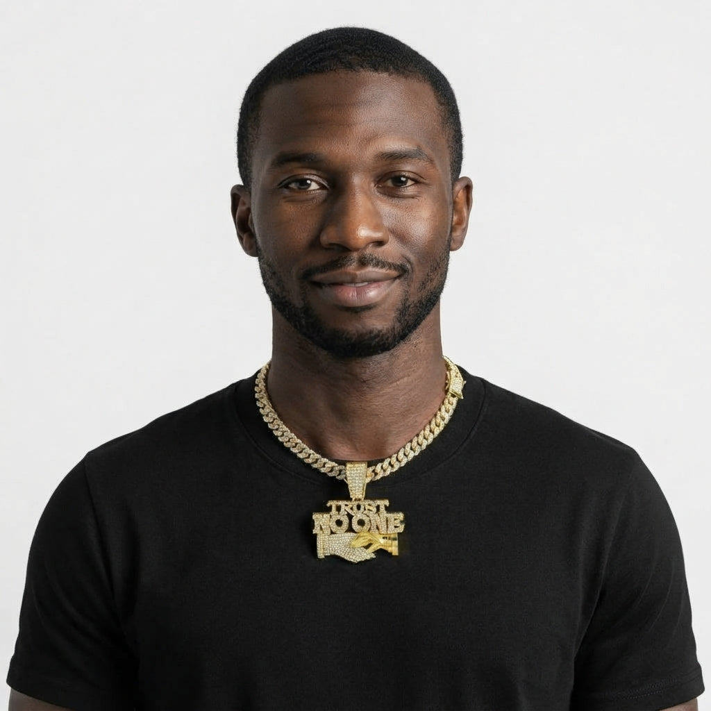 Iced Out TRUST NO ONE Pendant Necklace on Cuban Link Chain – Snake Handshake Design | Gold or Silver