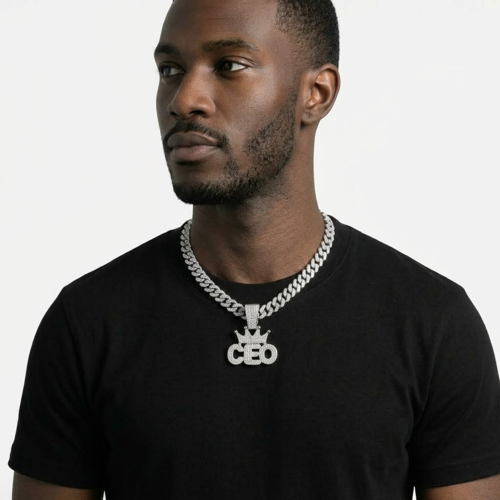 Iced Out Crowned CEO Pendant Necklace on Cuban Link Chain – Rounded Block Letters with Stone-Set Crown | Silver or Gold