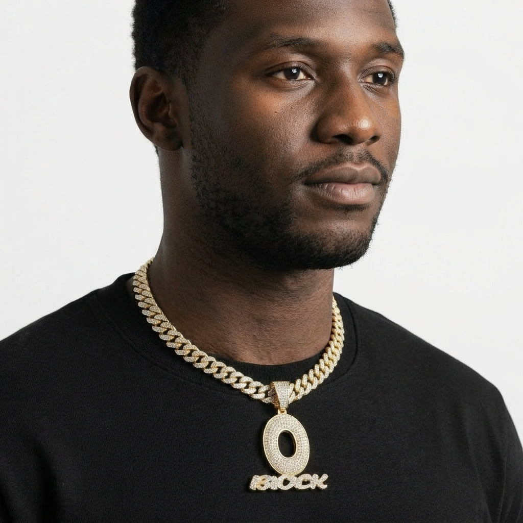 Iced Out O Block Pendant Necklace on Cuban Link Chain – Oversized Open O with Script Lettering | Silver or Gold