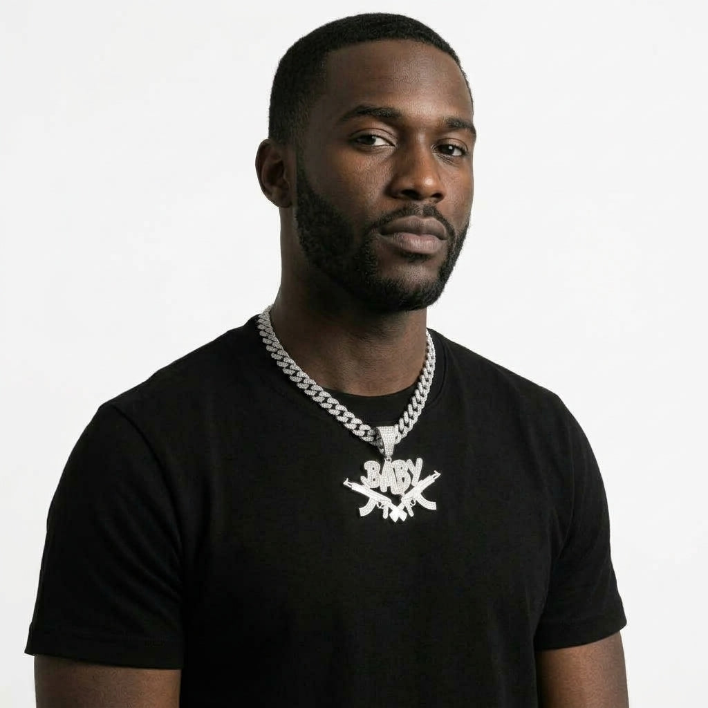 Iced Out Crossed Rifles Pendant Necklace on Cuban Link Chain – BABY Script Lettering | Gold or Silver