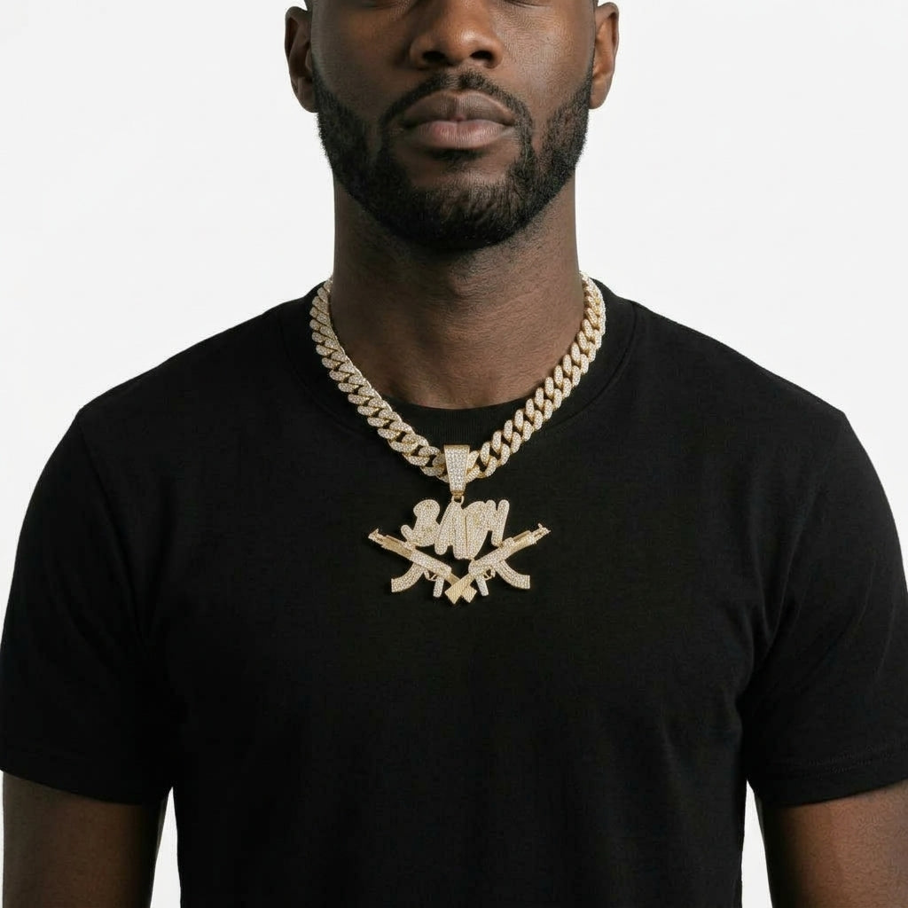 Iced Out Crossed Rifles Pendant Necklace on Cuban Link Chain – BABY Script Lettering | Gold or Silver