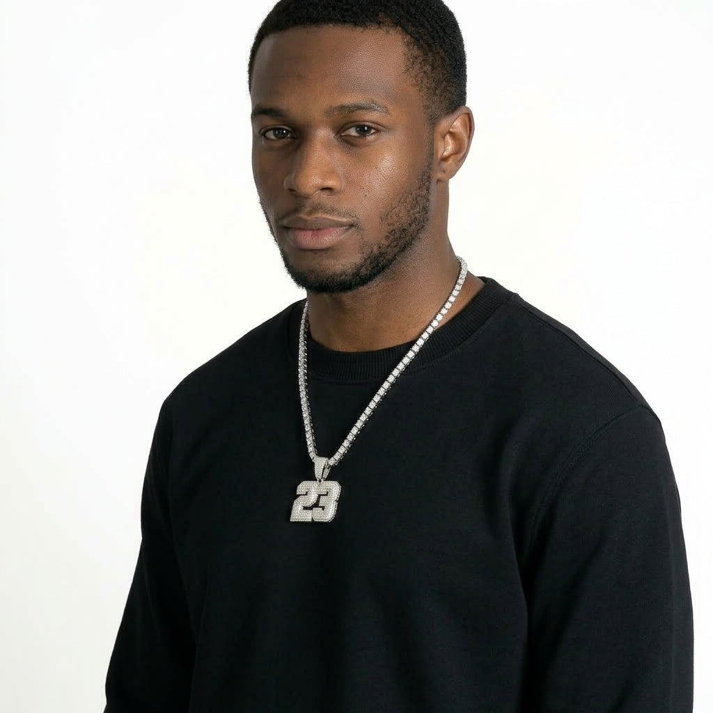 Iced Out Number 23 Pendant Necklace on Tennis Chain – 3D Layered Jersey Numerals | Silver or Gold