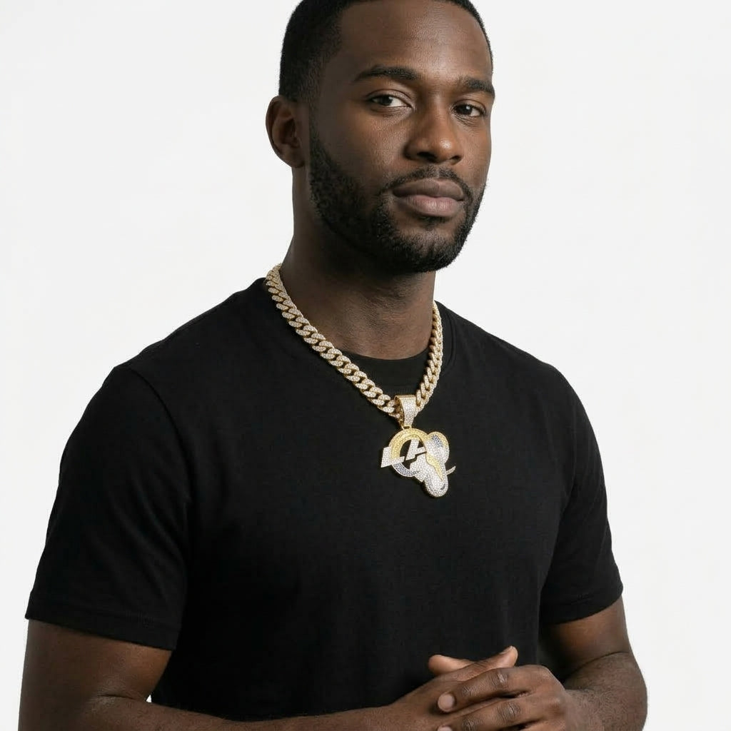 Los Angeles Rams Iced Out Pendant Necklace on Cuban Link Chain – Blue & Yellow Stone LA Ram Horn Logo | Gold or Silver