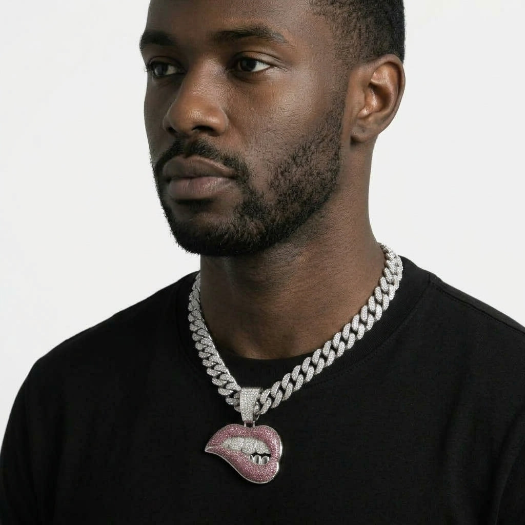 Iced Out Pink Lip Bite Pendant Necklace on Cuban Link Chain – Biting Lips with Iced Grillz | Gold or Silver