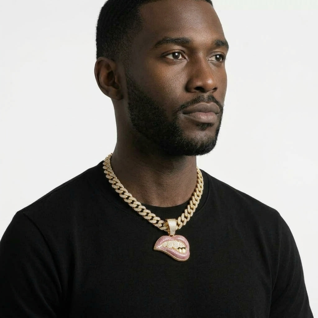 Iced Out Pink Lip Bite Pendant Necklace on Cuban Link Chain – Biting Lips with Iced Grillz | Gold or Silver