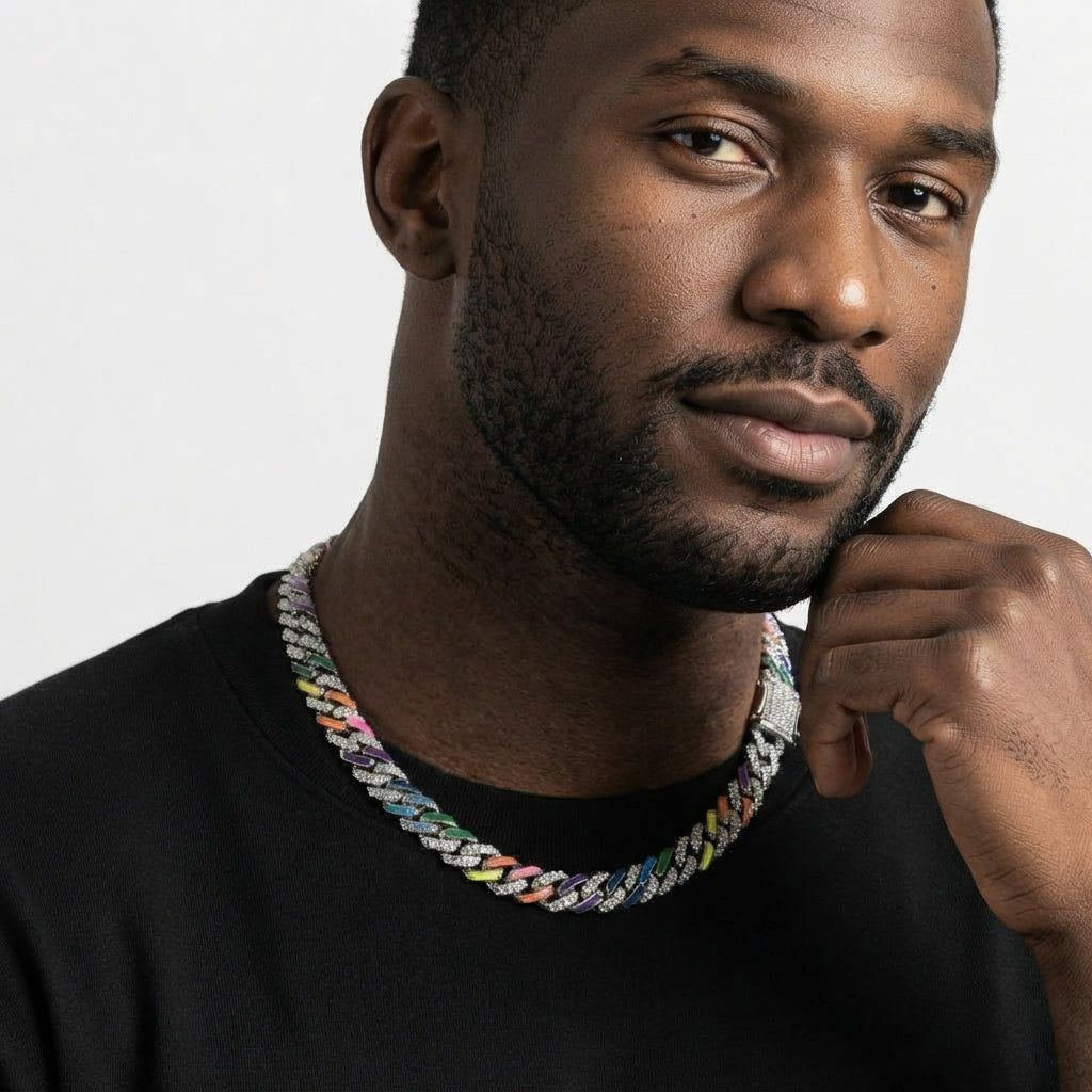 Iced Out Rainbow Cuban Link Chain Necklace – Multicolor Enamel Link Edges with Stone-Set Box Clasp | Silver