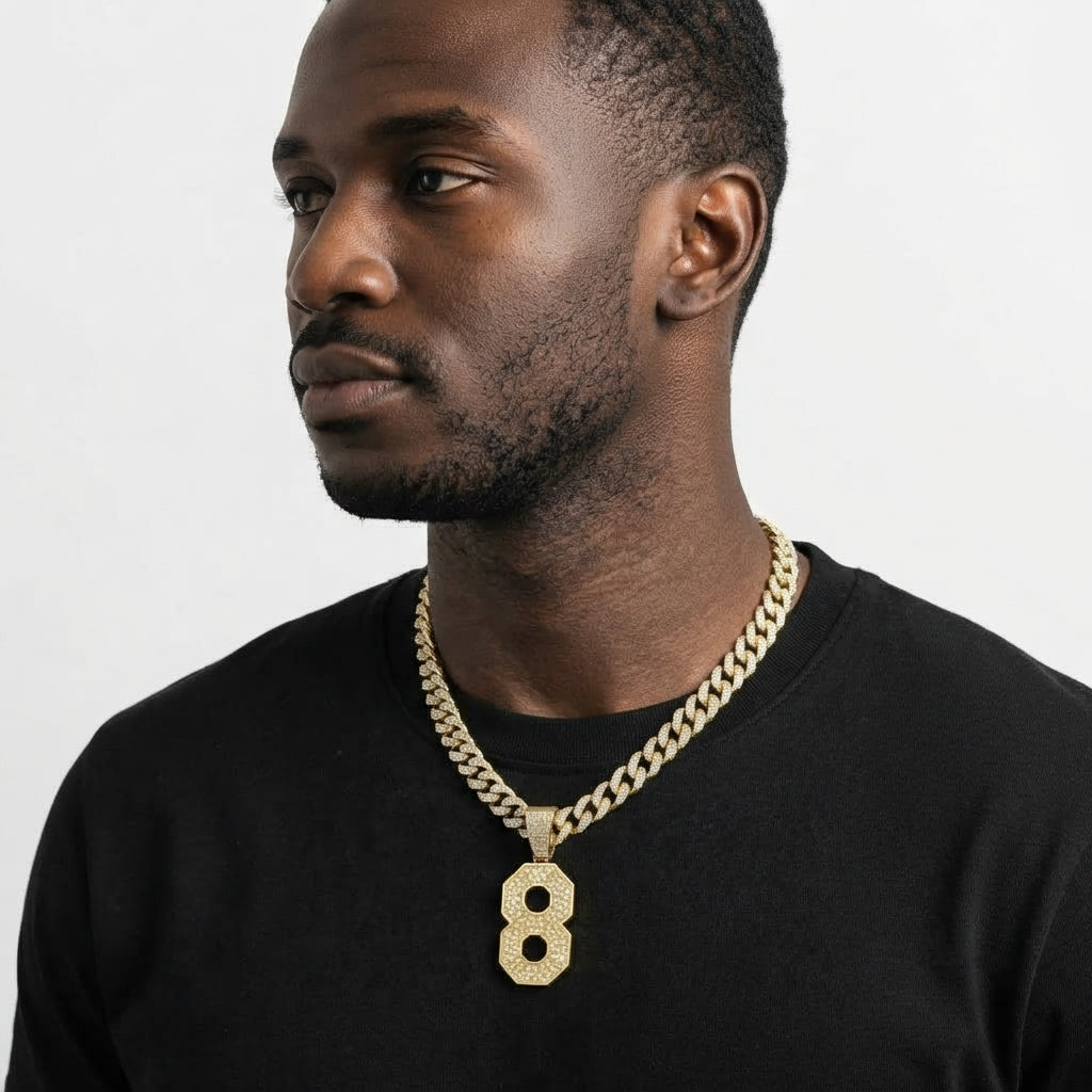 Iced Out Number 8 Pendant Necklace on Cuban Link Chain – Jersey-Style Numeral with Octagon Cutouts | Silver or Gold