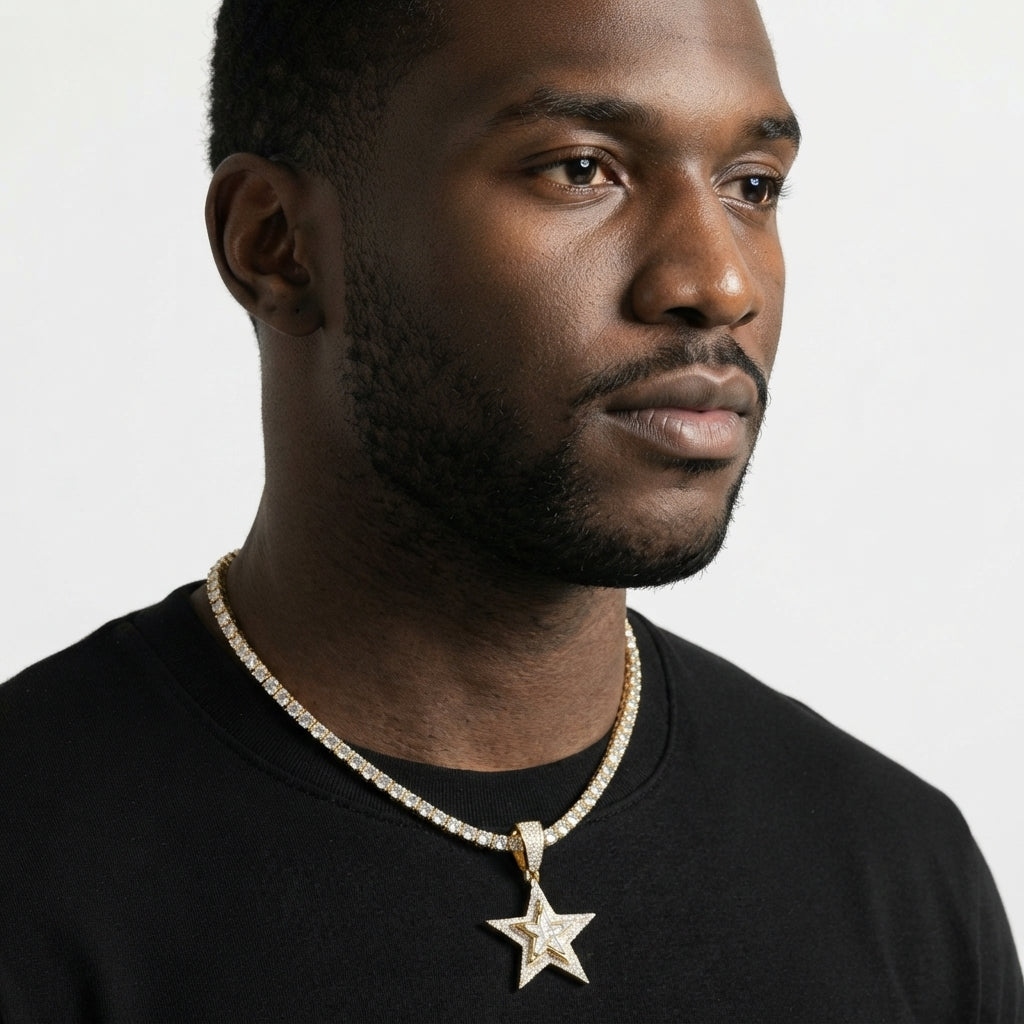 Iced Out Layered Star Pendant Necklace on Tennis Chain – Baguette-Stone Inner Star with Pavé Border | Gold or Silver