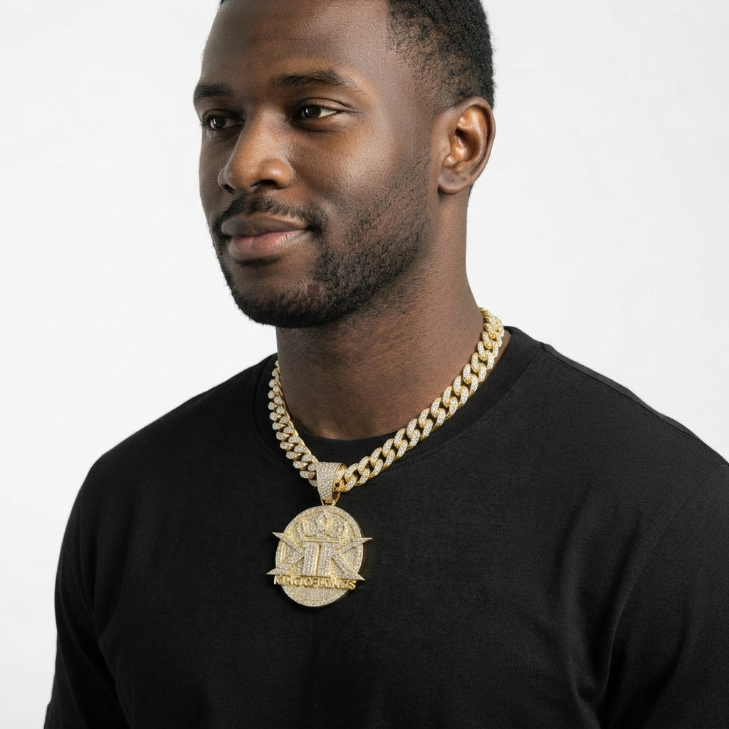 Iced Out King of Kings Medallion Pendant Necklace on Cuban Link Chain – Crowned Double-K Emblem, Religious Jewelry | Silver or Gold