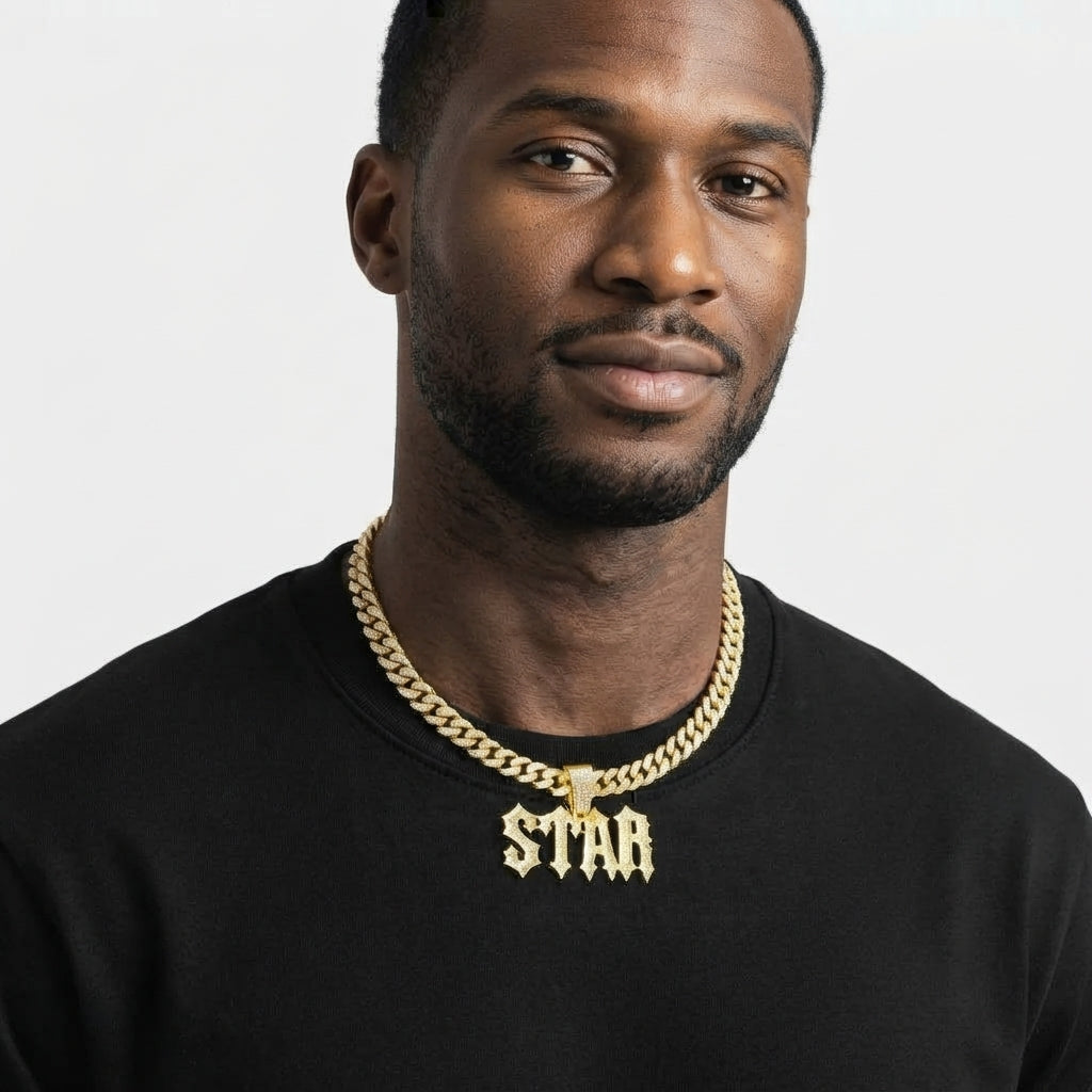 Iced Out STAR Pendant Necklace on Cuban Link Chain – Old English Gothic Letters | Gold or Silver