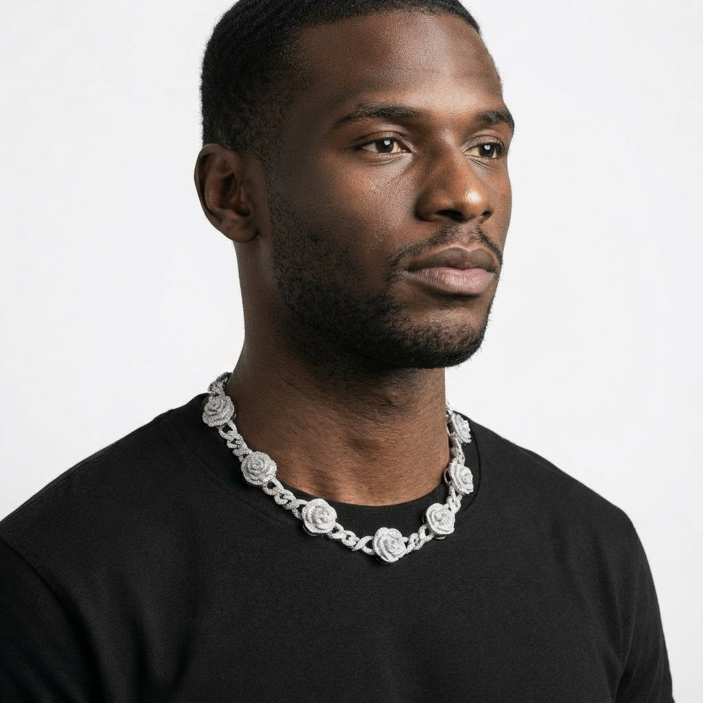 Iced Out Rose Flower Link Chain Necklace – Layered-Petal Roses with Stone-Set Infinity Links | Silver/Rose Gold or Silver