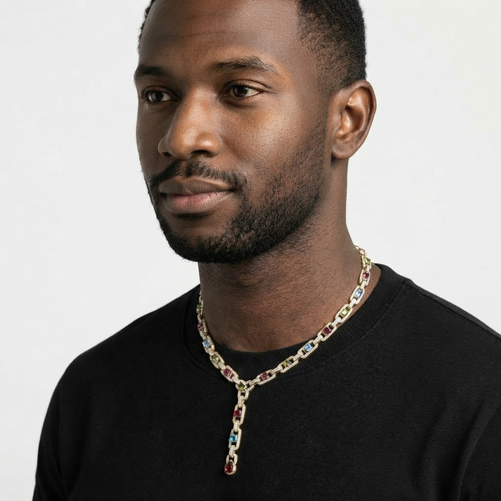 Iced Out Multicolor Y-Drop Link Chain Necklace – Stone-Set Mariner-Style Links with Red Pear-Shaped Drop | Gold or Silver