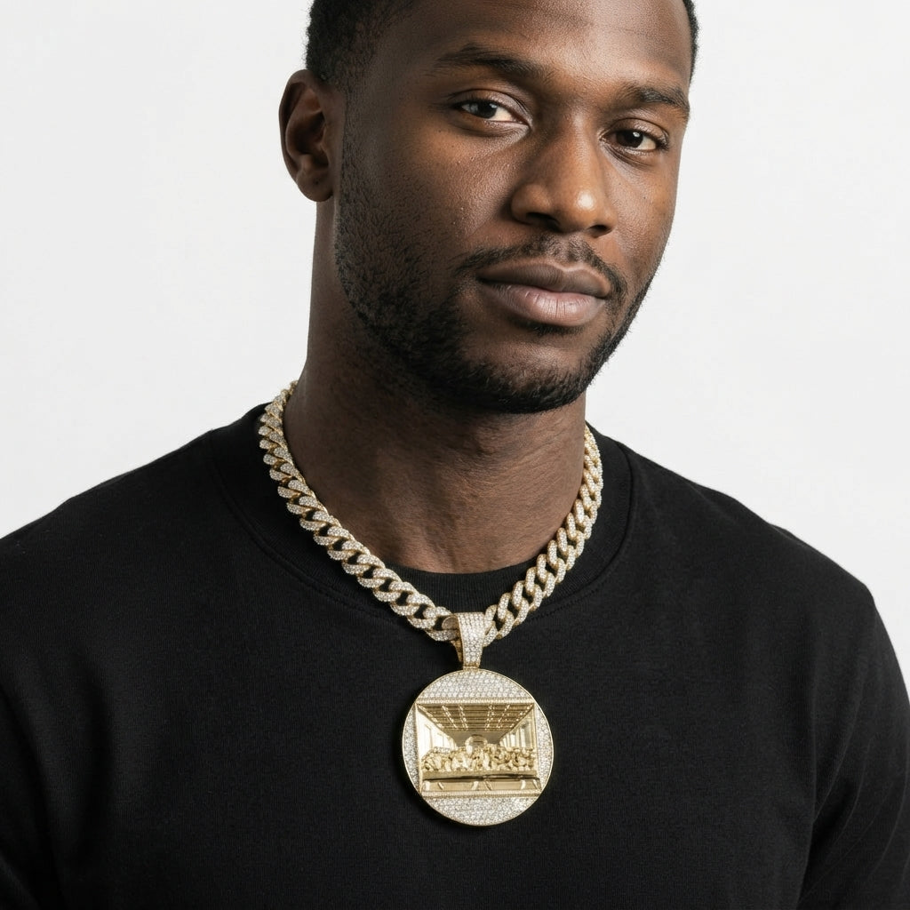 Iced Out Last Supper Medallion Pendant Necklace on Cuban Link Chain – Polished Relief Scene, Religious Jewelry | Gold or Silver