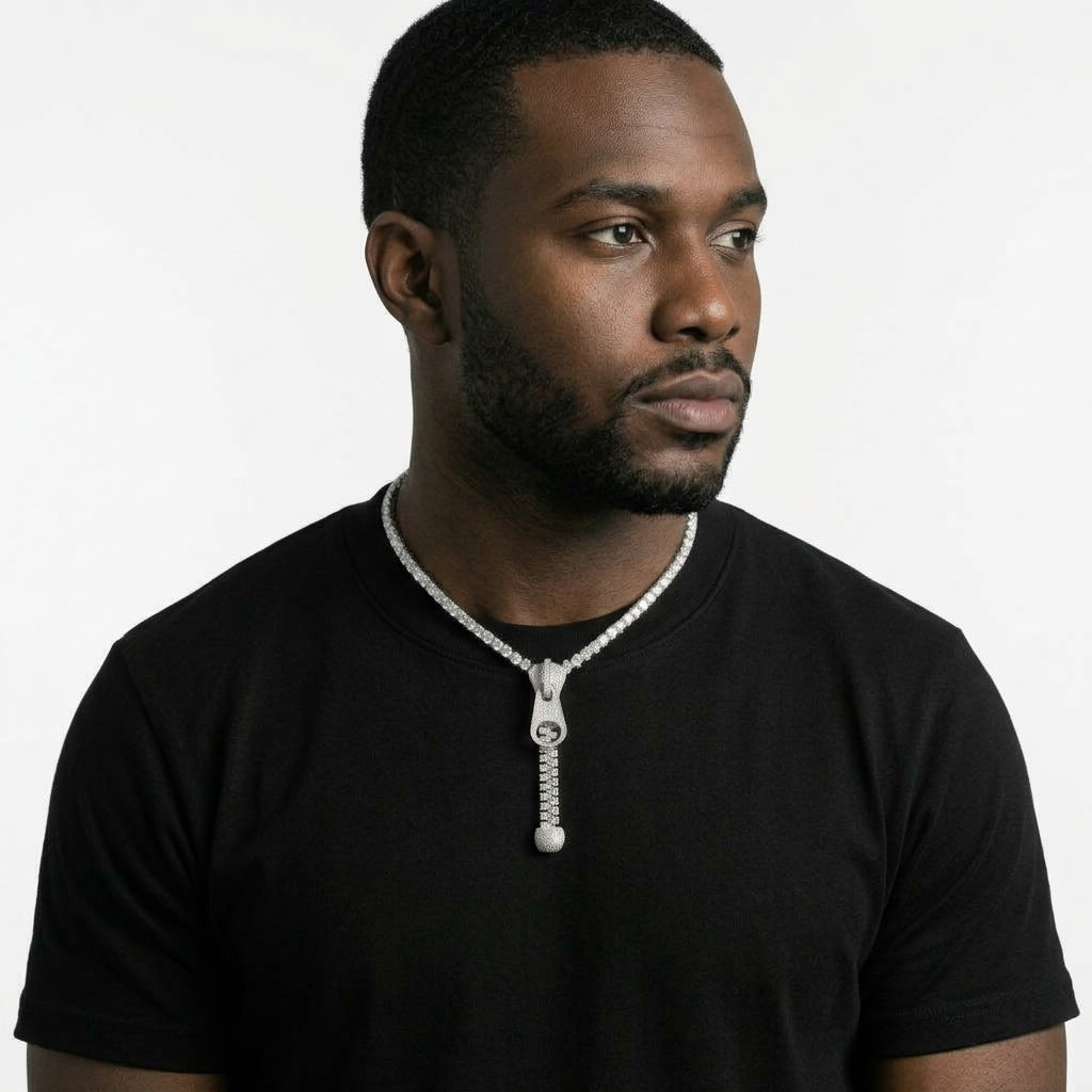 Iced Out Zipper Pull Pendant Necklace on Tennis Chain – Stone-Set Slider, Pull Tab & Dangling Zipper Teeth | Gold or Silver