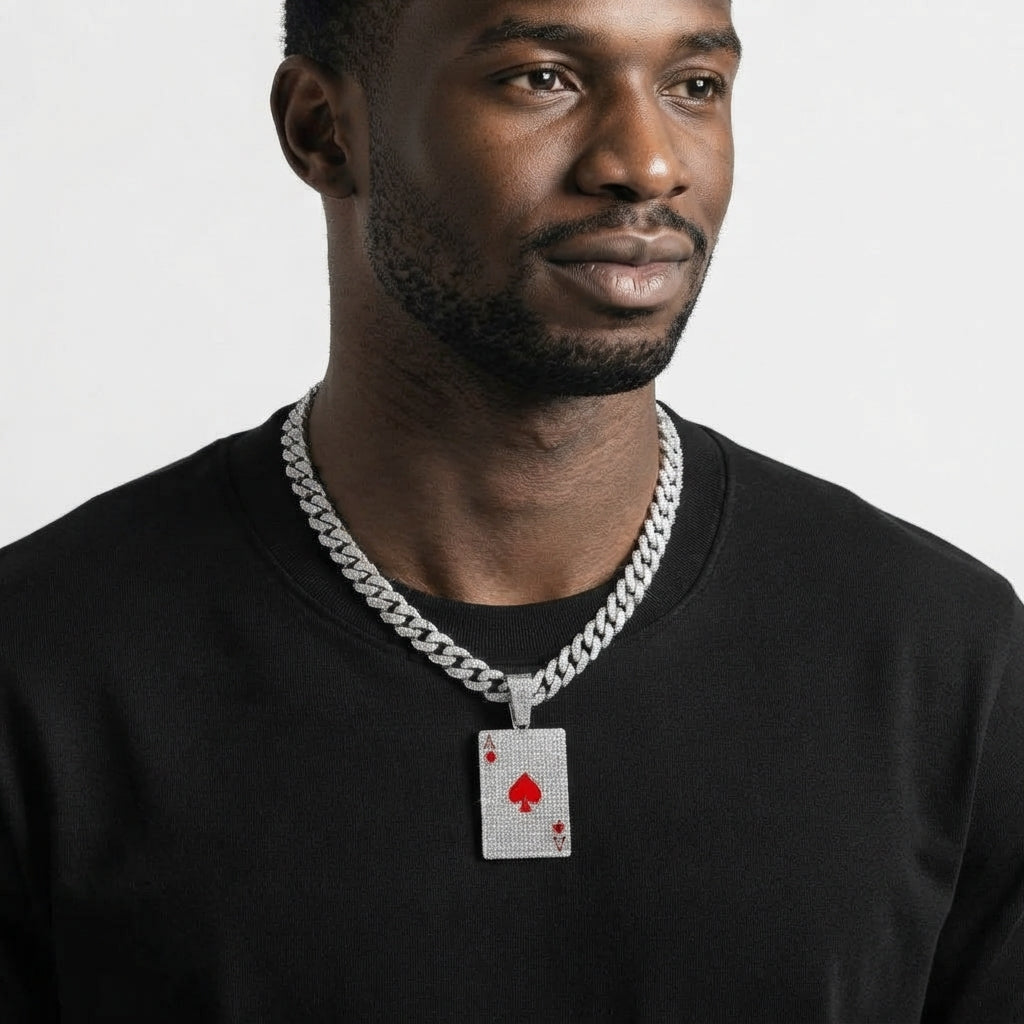 Iced Out Ace of Spades Playing Card Pendant Necklace on Cuban Link Chain – Red Enamel Spade | Silver or Gold