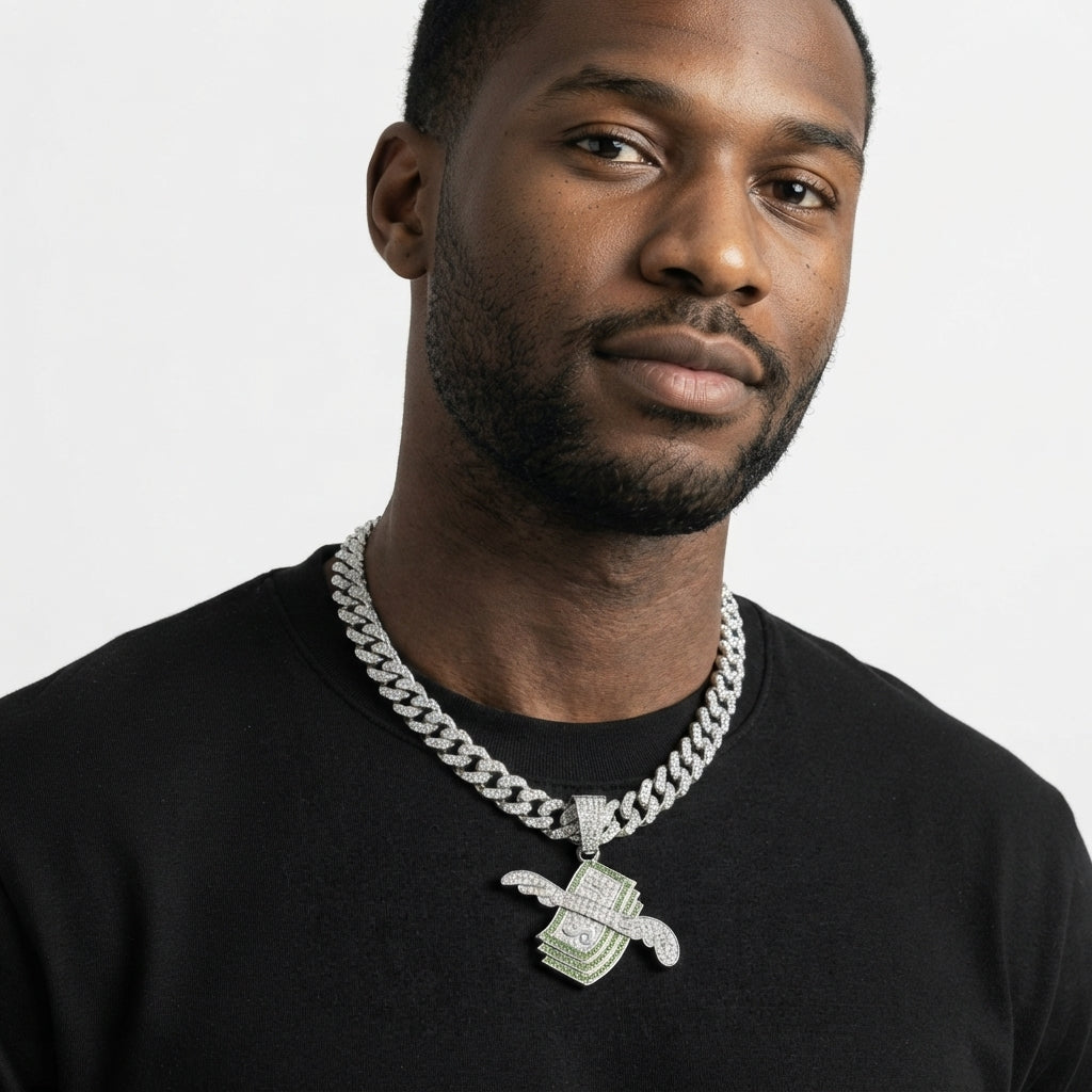 Iced Out Flying Money Pendant Necklace on Cuban Link Chain – Winged Cash Stack with Green Stones | Silver or Gold