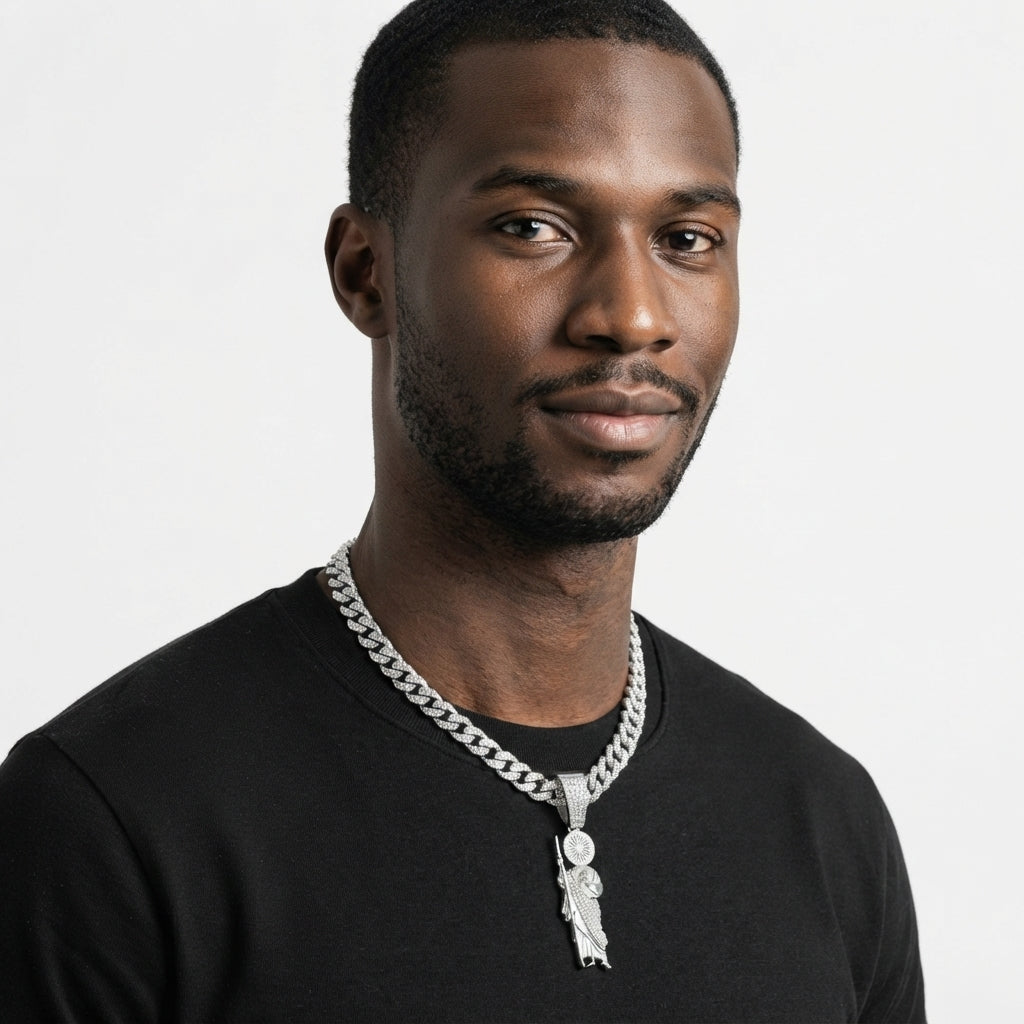 Iced Out San Judas St. Jude Pendant Necklace on Cuban Link Chain – Saint with Staff & Medallion, Religious Jewelry | Silver or Gold