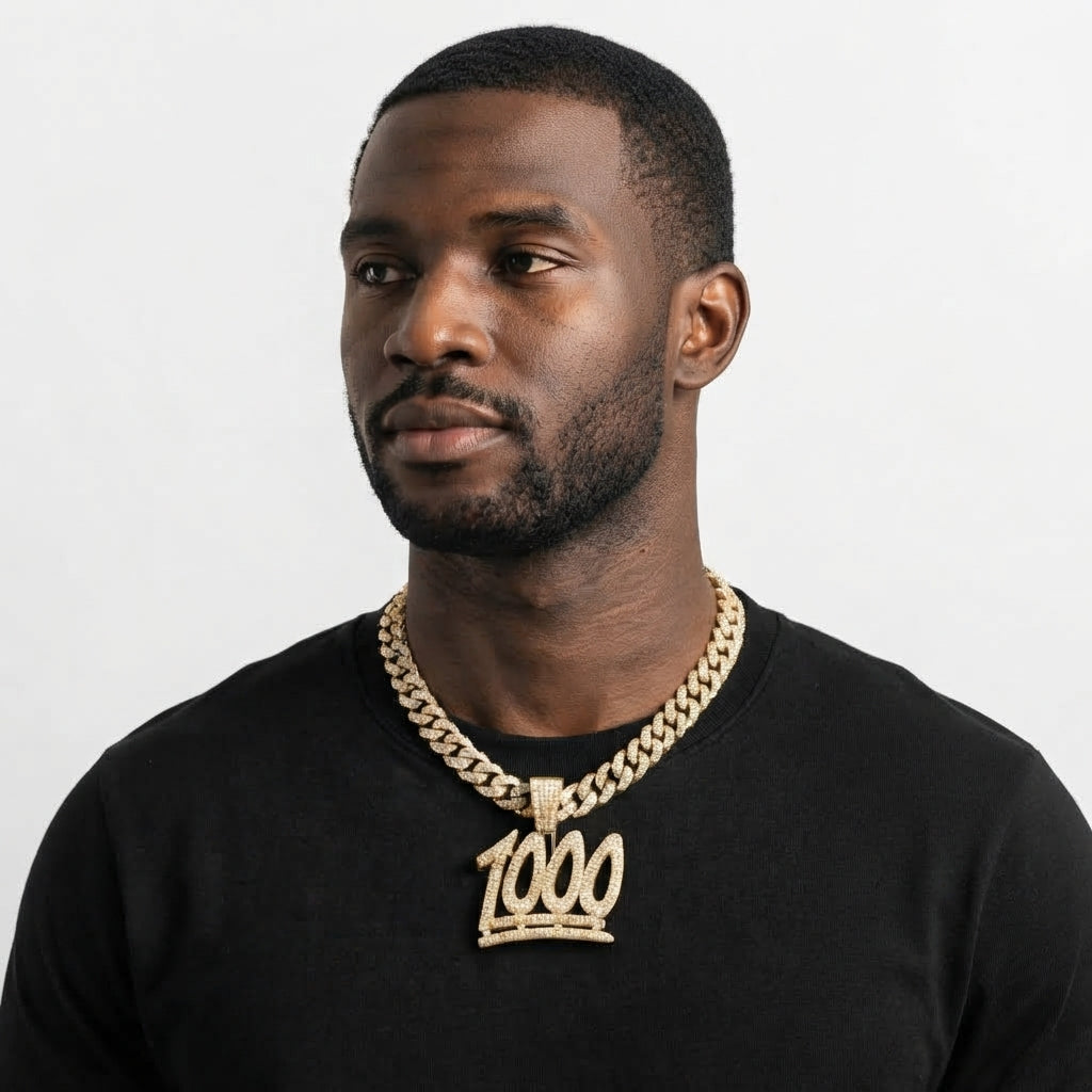 Iced Out 1000 Pendant Necklace on Cuban Link Chain – Keep It 1000 Emoji-Style Numerals with Double Underline | Gold or Silver