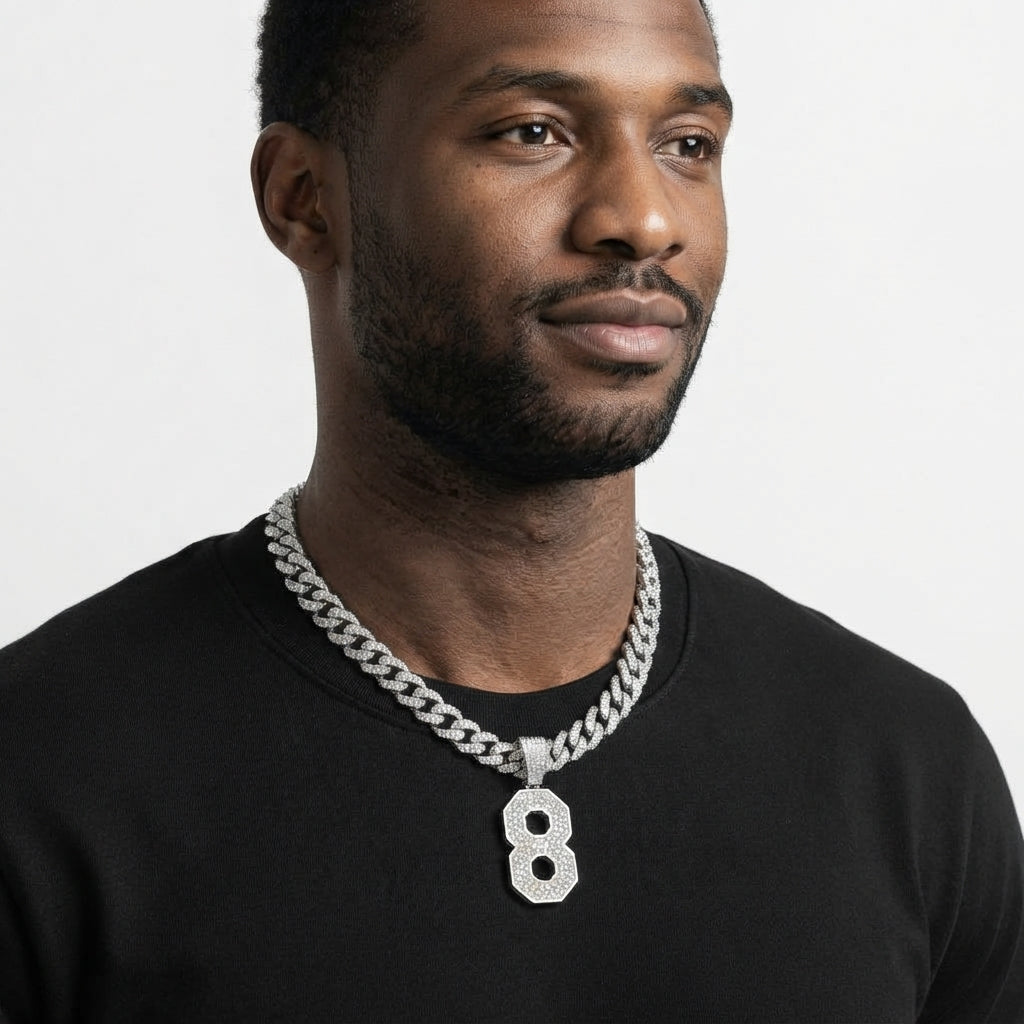 Iced Out Number 8 Pendant Necklace on Cuban Link Chain – Jersey-Style Numeral with Octagon Cutouts | Silver or Gold