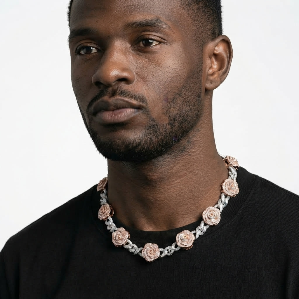 Iced Out Rose Flower Link Chain Necklace – Layered-Petal Roses with Stone-Set Infinity Links | Silver/Rose Gold or Silver