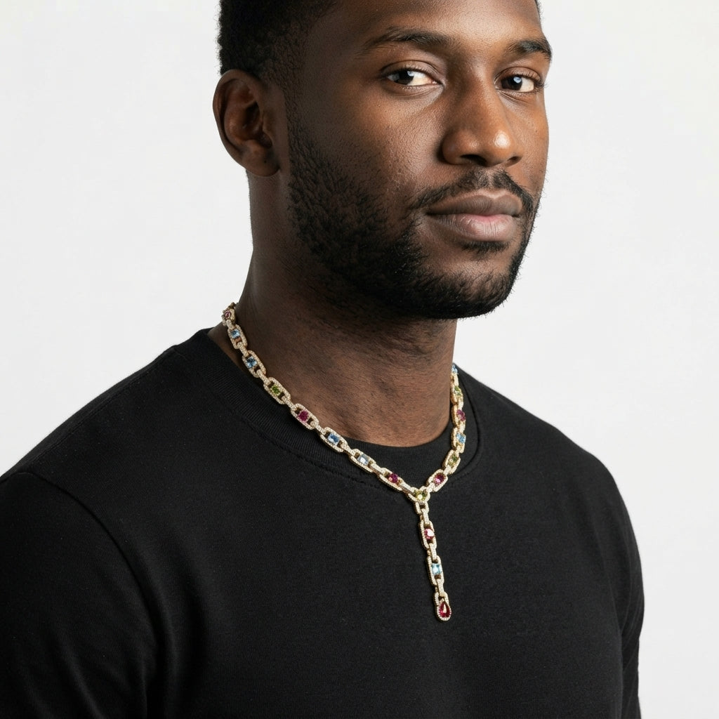Iced Out Multicolor Y-Drop Link Chain Necklace – Stone-Set Mariner-Style Links with Red Pear-Shaped Drop | Gold or Silver